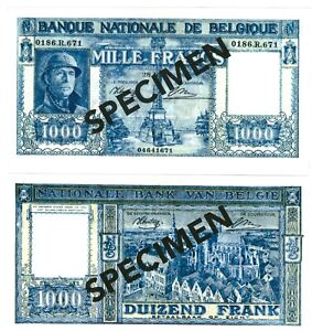- Paper Reproduction -  Belgium 1000 Francs Franks 1944  SPECIMEN Pick #128  57