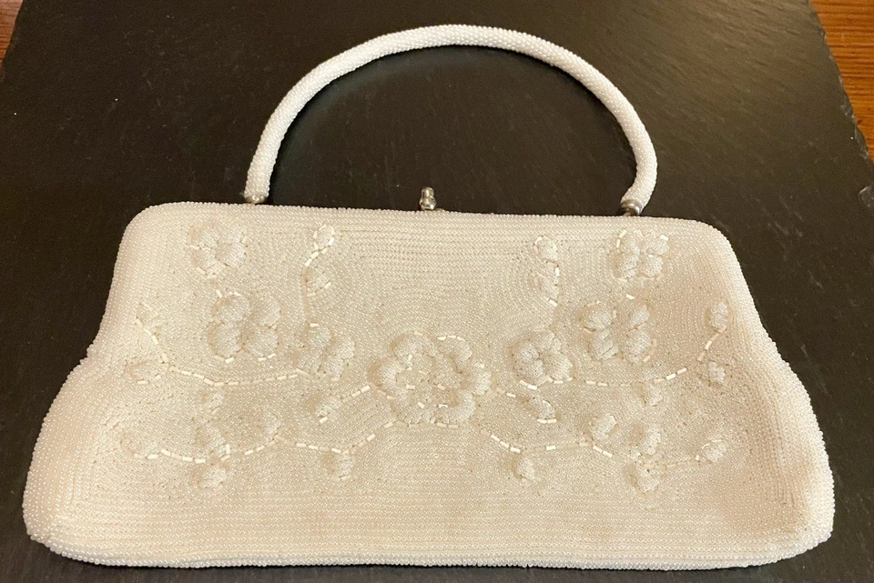 Vintage White Floral Pearl Seed Beaded Evening Bag Bridal Purse Made In Japan - Image 1 of 4