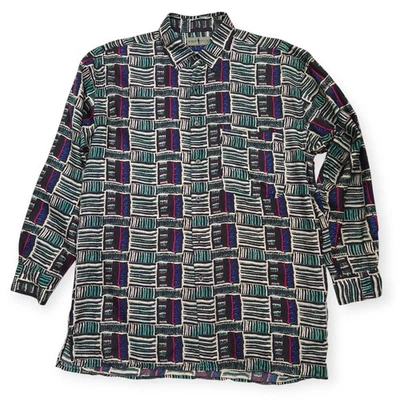 Camisa de seda vintage Robert Stock grande multicolorida abstrata manga longa botão para cima - Imagem 1 de 4