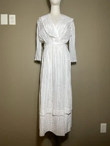 Antique Edwardian Shirt Skirt Dress White Muslin Lawn Cotton Gold Thread Size M - Picture 1 of 15