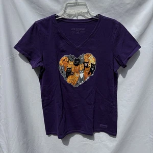 Life Is Good V Neck Crusher SS T-Shirt Katzen Herz Lila Gr. M - Bild 1 von 9