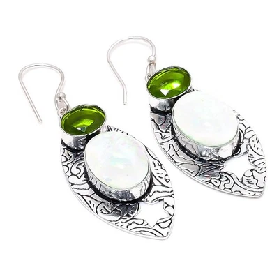 Triplet Opal, Peridot Gemstone 925 Sterling Silver Jewelry Earring 2.36 " - Image 1 of 4