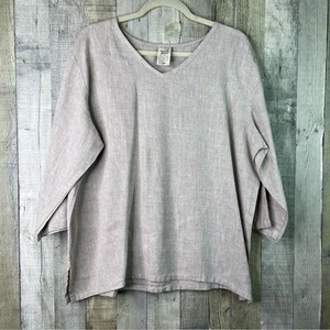 Match Point Gr. XL 100% Leinen hellbraun V-Ausschnitt 3/4 Arm Bluse/Tunika mit Seitenschlitz - Bild 1 von 9