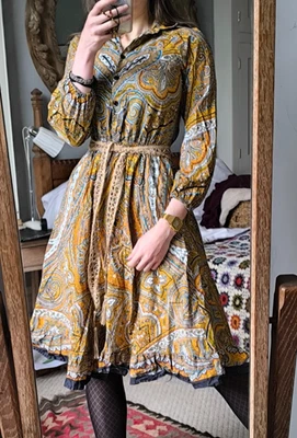 ВИНТАЖНЫЙ 70-х 60-х желтый оранжевый PAisley Flare трапециевидный платье 100% хлопок 8 10 - Изображение 1 из 4