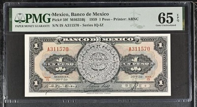 Mexico, Banco de Mexico P#59f M4634Bj 1959 Peso PMG Gem UNC 65 EPQ - Image 1 of 2