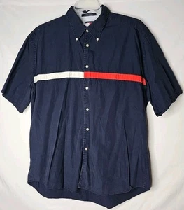Tommy Hilfiger Logo Short Sleeve Button Up Shirt Mens XL Vintage Red White Blue - Picture 1 of 3