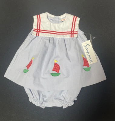 Vintage Girl’s Dress Size 6/9 Months Seersucker Sailboat NOS Bloomers NWT Blue - Image 1 of 4
