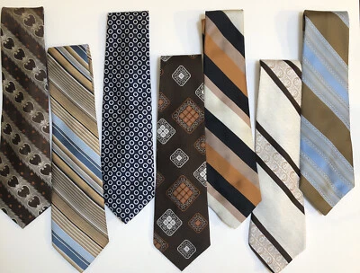 Lote De 7 Corbatas Cuello Ancho Vintage Patrones Rayas Azul Marrón Poliéster MCM Puntadas Foto 1 de 4