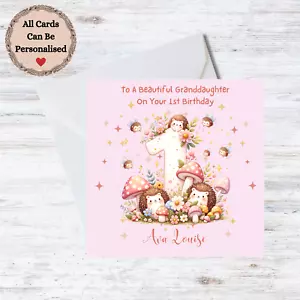 Personalised 1st Birthday Card Granddaughter Hedgehogs Shrooms Customisable Name - Picture 1 of 1