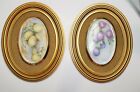 Pair Of Hand Painted Porcelain Wallhanging Lemons And Plums Gold And Velvet 1980