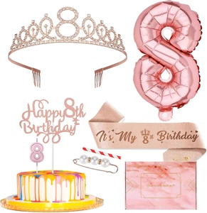 Rose Gold Rhinestone Crown Tiara, 8Th Birthday Sash, Cake Topper, Number Candles - Picture 1 of 8