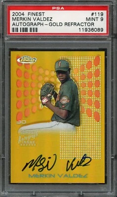 BB - 2004 - Finest - Gold Refractor - #119 - Merkin Valdez - PSA 9 - MINT - Image 1 of 2
