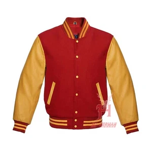 Giacche Maniche Varsity Uomo Letterman Baseball Lana Rossa Vera Oro Pelle - Foto 1 di 6