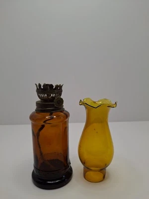 Vintage 1960s Miniature Amber Glass Kerosene Oil Lamp w/ Brass Fittings/Chimney - Image 1 of 4