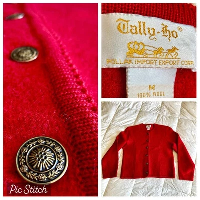 Vtg Tally-Ho 100% Boiled Wool Cardigan Sweater Jacket Women M Red Metal Button - Image 1 of 4