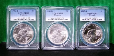 1983 P D S (3) Coin Unc Set Olympic Commemorative Silver Dollars PCGS MS69 #127B - Image 1 of 2