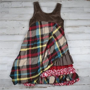 Boutique Elaine et Lena brown/red velour & cotton plaid dress Girl's size 6 boho - Picture 1 of 7