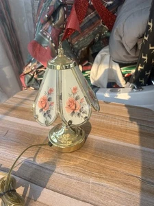 Vintage Brass Touch Lamp with Pink Rose Glass Panels – 11" Tall Mini Table Desk - Picture 1 of 8