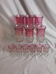 Set Of 12 Tiffin Kings Crown Thumbprint Cranberry Flash Cordials & Pint Glasses - Picture 1 of 24