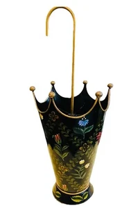 VTG ITALIAN FLORAL Toleware Umbrella Stand Black Metal Cane Handle 28"H - Picture 1 of 9