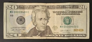 2013 $20 Dollar Bill - MH00009400C -  Low Serial Number  - Picture 1 of 6