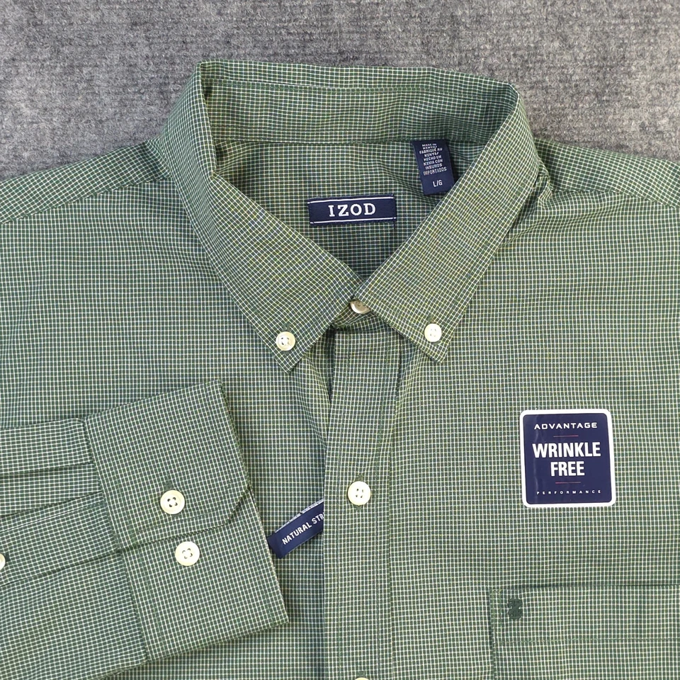 New Izod Shirt Large Advantage Performance Green Check Wrinkle Free Long Sleeve  - Image 1 of 4