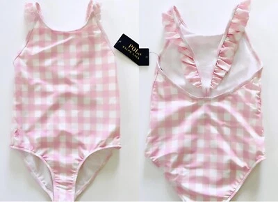 NUEVO CON ETIQUETAS, Traje de baño Polo Ralph Lauren de una pieza rosa-blanco para niñas. Talla 5 Foto 1 de 4