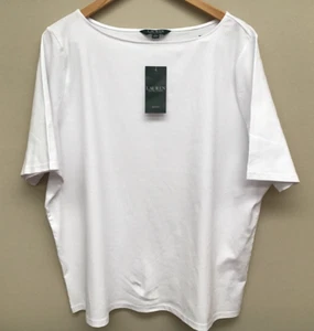 NEW Ralph Lauren WOMAN Women's Boatneck Top Shirt 3X White Cotton Short Sleeve - Picture 1 of 5