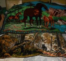 Vintage Lot 2 Large Tapestry Wall Rug Bears Forest Italy & Horses Farm Turkey