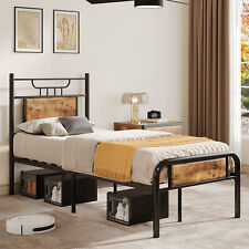Twin Size Bed Frame Metal Platform Bed with Headboard Footboard Wood Slats Black