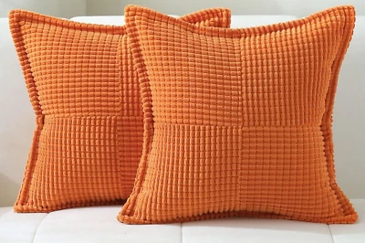 Par de fundas de almohada de pana de chenilla a rayas de maíz, retazos calabaza 18 x 18 A6 Foto 1 de 2