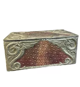 Antike Schatulle Zinn Montur Geprägtes Leder Bezogen Drachen Um 1900 - Bild 1 von 13