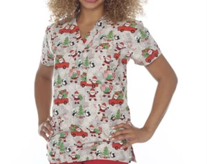 NWT Women's XL Santa/Christmas Print I Love Scrubs Scrub Top - Picture 1 of 1