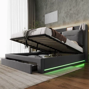 Polsterbett Doppelbett 160x200 cm Bettgestell mit Bettkasten und LED Licht, Grau - Bild 1 von 14