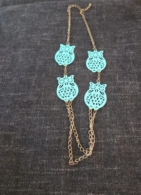 Owl Necklace/Earrings Fashion Jewelry turquoise blue Goldtone pretty - Image 1 of 4