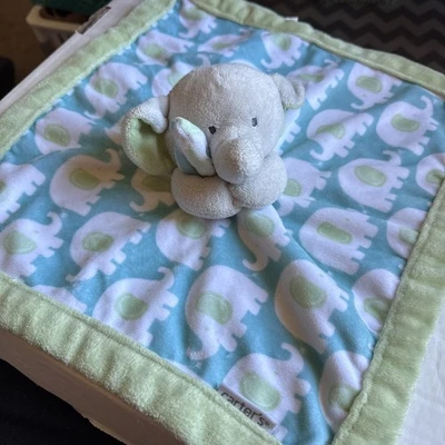 Manta de seguridad Carter's Plush Elephant LOVEY azul verde blanco cuadrada 14" x 14" Foto 1 de 4