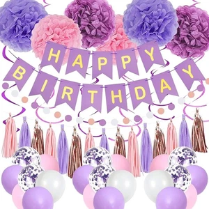 Purple Pink Party Decorations Birthday Banner Hanging Swirls Pompoms Tassel Garl - Picture 1 of 6