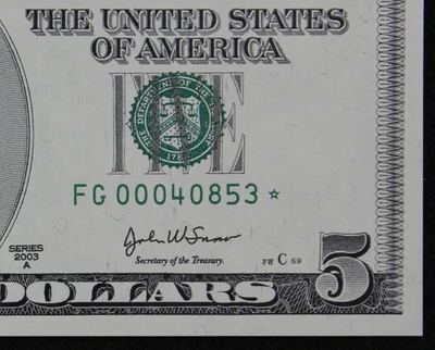 $5 2003A CU Star Federal Reserve Note FG00040853* five $ 640K SINGLE RUN ISSUE - Image 1 of 3