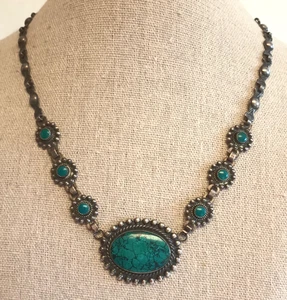 Fred Harvey Ära Indianer Vintage Türkis Sterlingsilber Halskette 18" - Bild 1 von 7