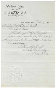 1922 Oddfellows Sello Membrete Winthrop Lodge No. 101 N. Abington, MA PP - Imagen 1 de 1