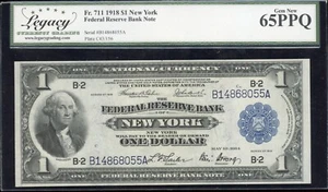 Billete de $1 de la Reserva Federal de Nueva York de 1918 65 PPQ elección sin circular Fr. 711 - Imagen 1 de 2