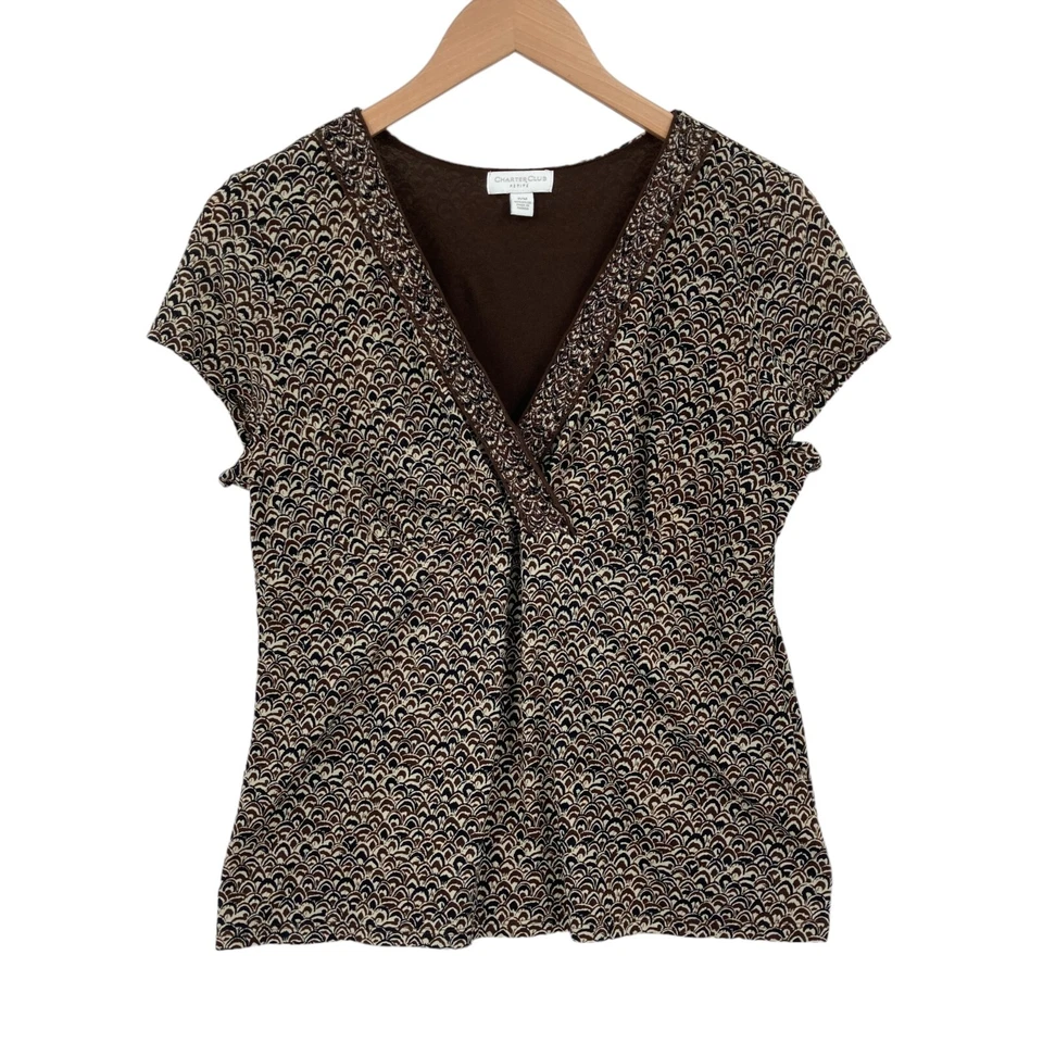 Charter Club Blouse Top Womens Petite Medium Multi Geo Print Short Sleeve V Neck - Image 1 of 4
