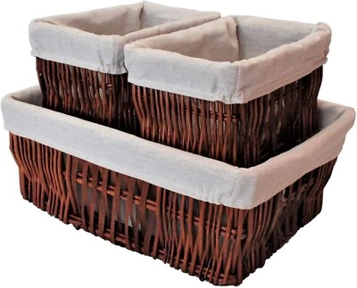 Set of 3 Storage Baskets with Liner Woven Rattan Natural Hand Woven Hamper Box - Image 1 of 4