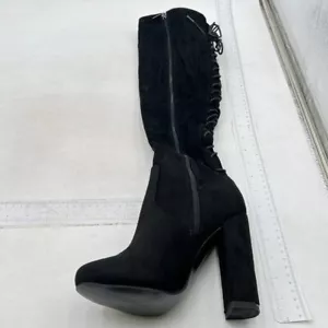 Women's Round Toe Black Chunky Thigh High Over The Knee High Heel Boots Black - Picture 1 of 6