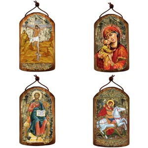 Catholic, Christian, Greek, Orthodox Wooden Icon Ornaments, G. DeBrekht (Set) - Picture 1 of 7