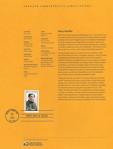 #0218 37c Harry Houdini Stamp #3651 Souvenir Page - Picture 1 of 1