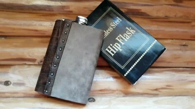 New Stainless Steel 9 oz. Hip Flask Brown Distressed Leather Wrapped with Studs - Image 1 of 4