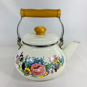 Vintage EnamelWare WHITE w Flowers TeaKettle Wood Handle GC- farmhouse-country - Picture 1 of 11