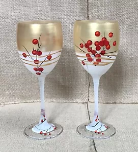 Juego de copas de vino de bayas de invierno pintadas a mano arte firmado vacaciones de Navidad naturaleza - Imagen 1 de 9