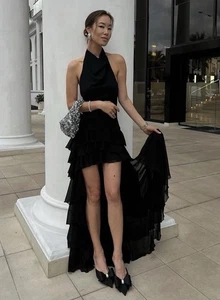 Zara Halter Ruffle Train Long Asymmetric Dress Black Size S Small 3697/097 New - Picture 1 of 14